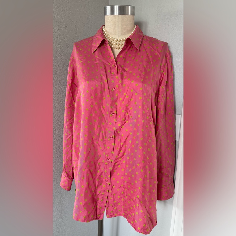 100% Silk Jones New York Polka Dot Button down Top 2X